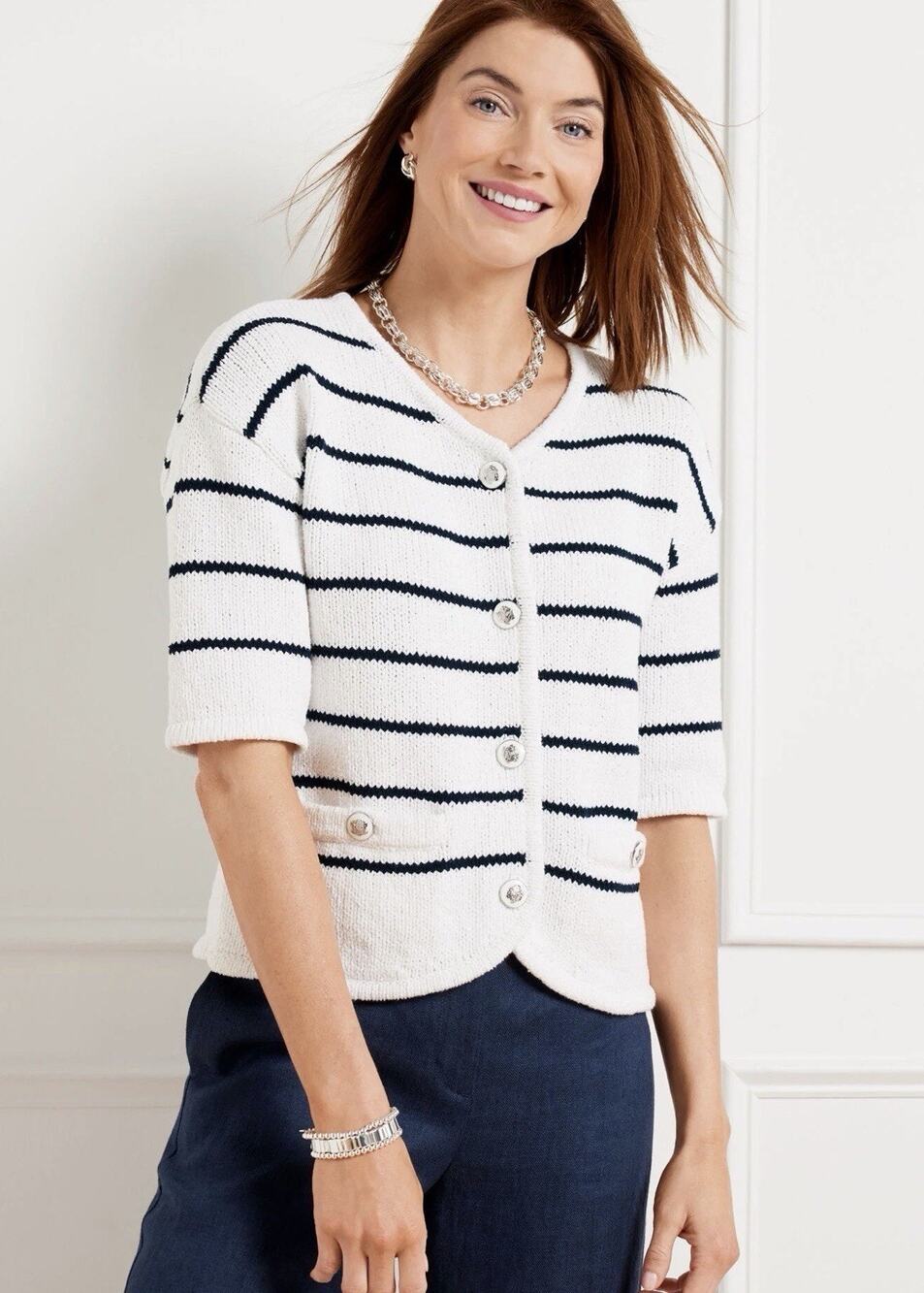 Talbots Womens black Striped Knit sweater Cardigan Preppy coastal nautical large